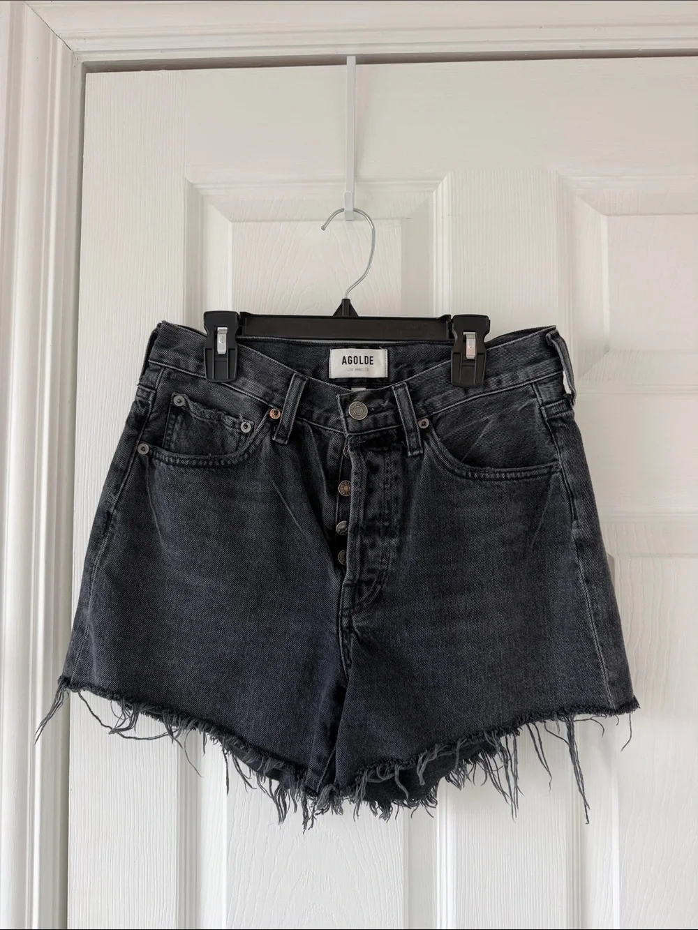 Agolde Parker long loose Black Raw-Hem High-Rise Denim Shorts chromatic